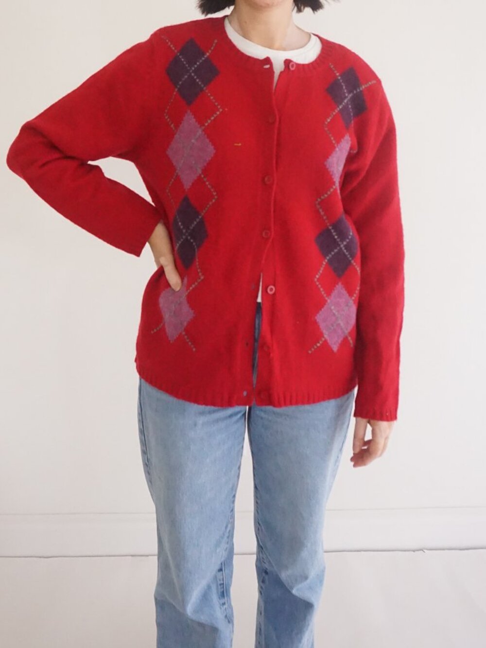 Vintage Field Gear Red Argyle Diamond Knit Button 100% Wool Cardigan L
